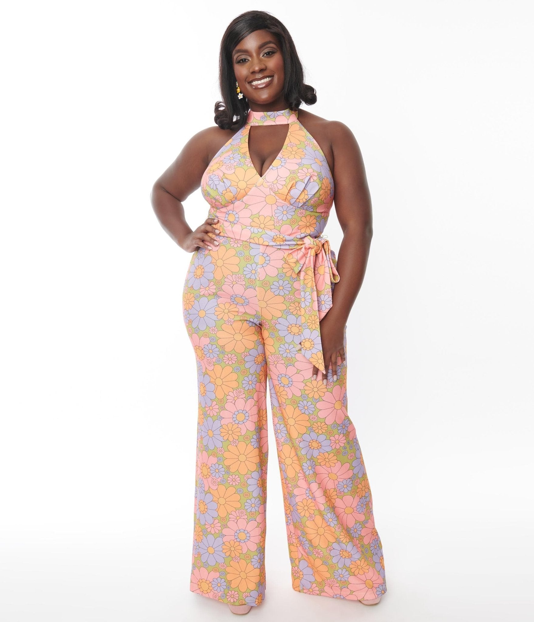 Smak Parlour Plus Size Avocado Green Multicolor Daisy Glamour Goddess Jumpsuit