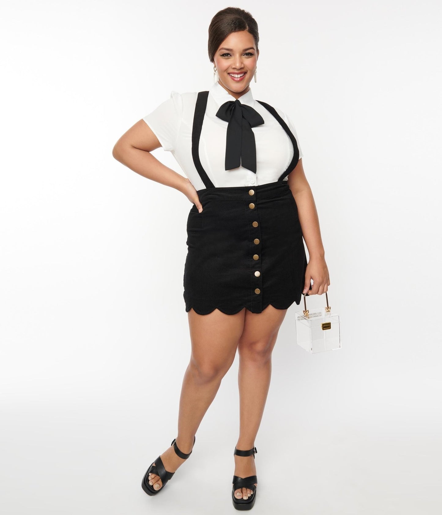 Smak Parlour Plus Size Black Corduroy Suspender Mini Skirt - Unique Vintage - Womens, BOTTOMS, SKIRTS