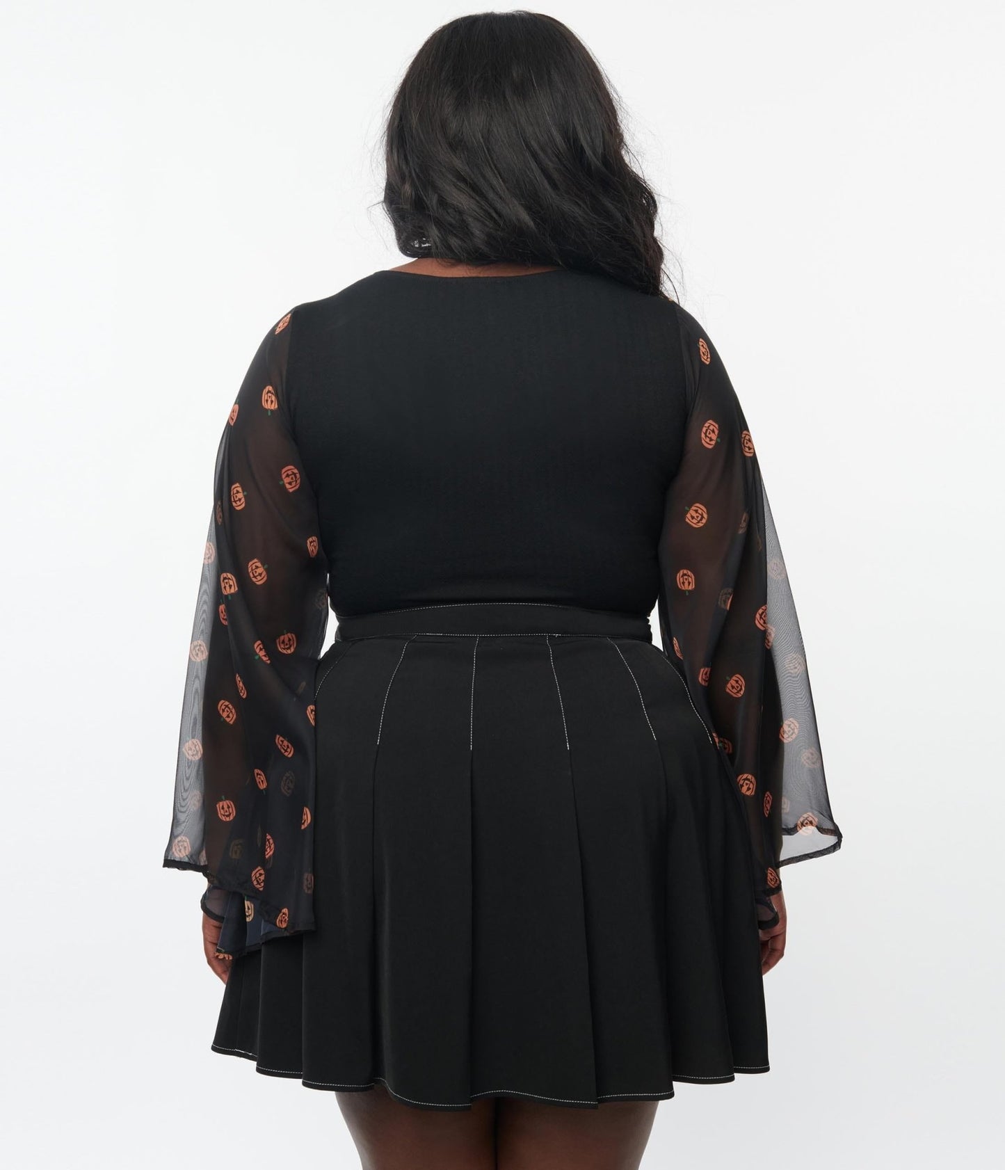 Smak Parlour Plus Size Black & Pumpkin Bell Sleeve Bodysuit - Unique Vintage - Womens, HALLOWEEN, TOPS