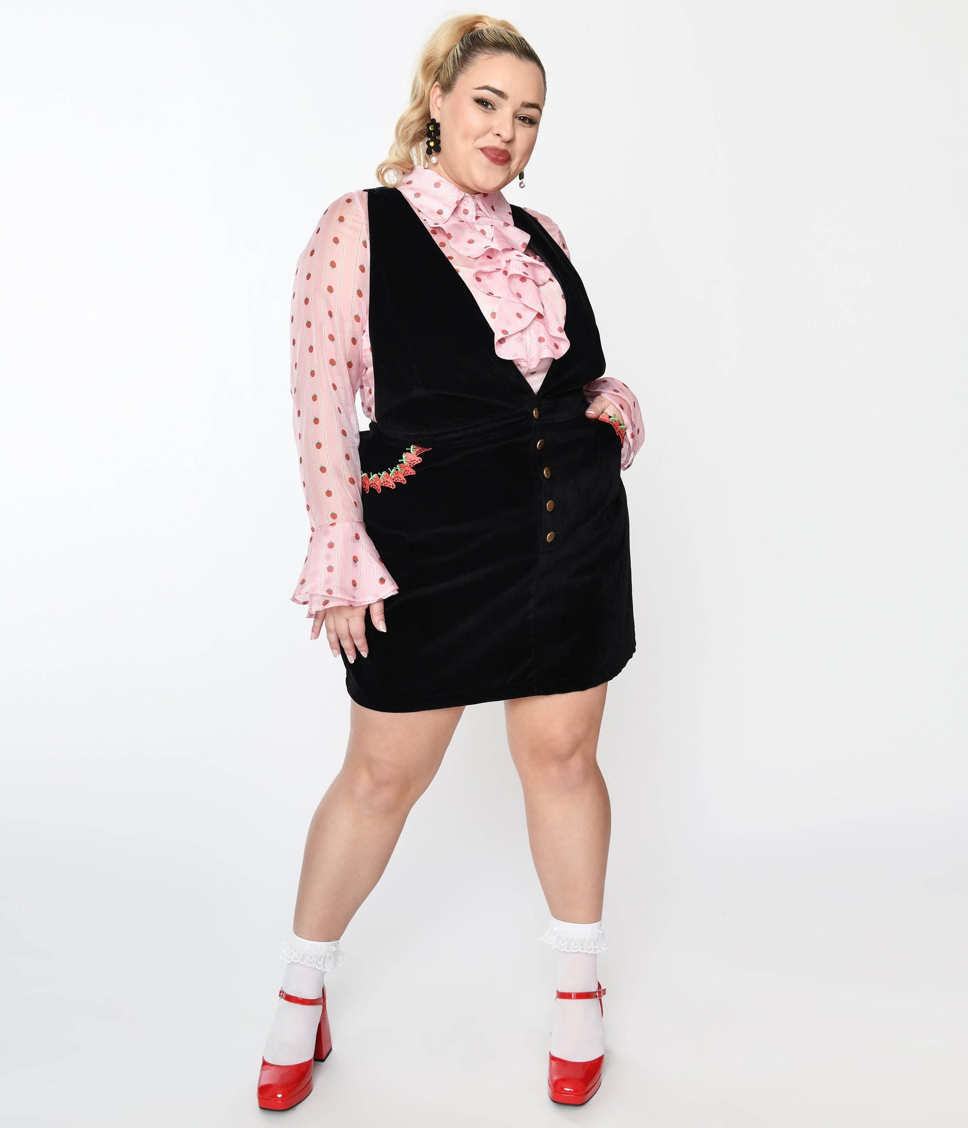 Smak Parlour Plus Size Black & Strawberry Trim Pinafore Skirt - Unique Vintage - Womens, BOTTOMS, SKIRTS