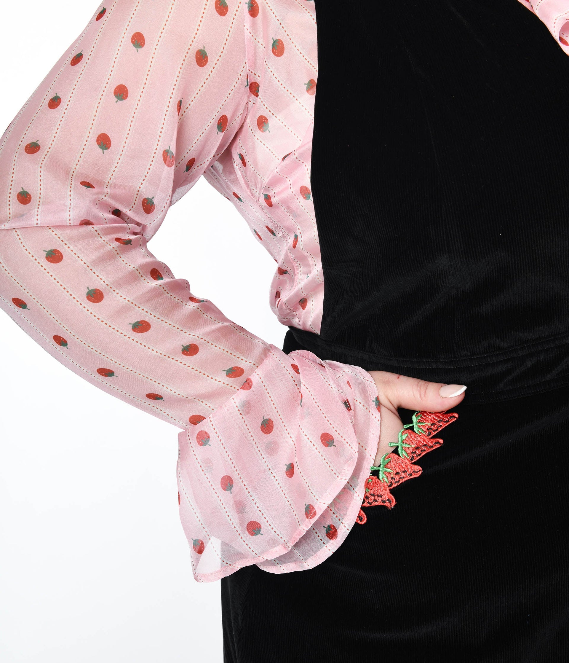 Smak Parlour Plus Size Black & Strawberry Trim Pinafore Skirt - Unique Vintage - Womens, BOTTOMS, SKIRTS