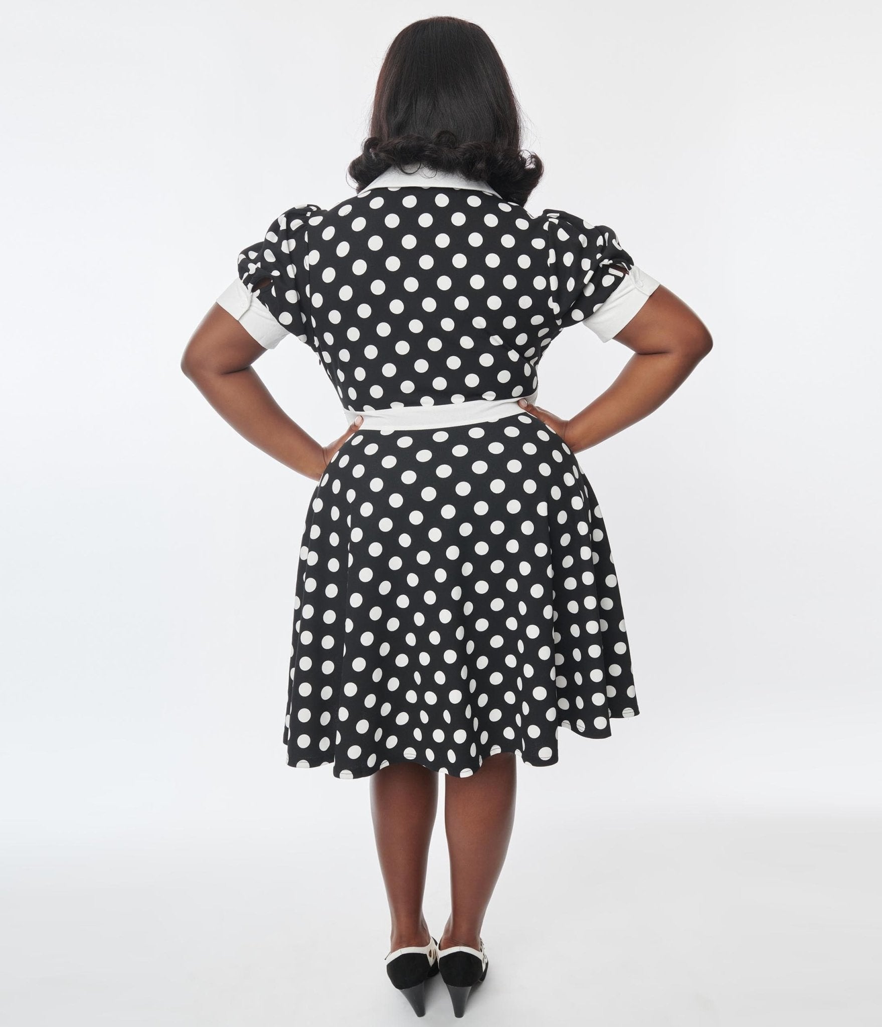 Smak Parlour Plus Size Black & White Polka Dot Print Flare Dress - Unique Vintage - Womens, DRESSES, FIT AND FLARE