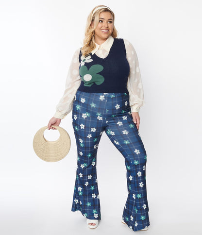 Smak Parlour Plus Size Blue Plaid & Flower Power Flare Pants - Unique Vintage - Womens, BOTTOMS, PANTS