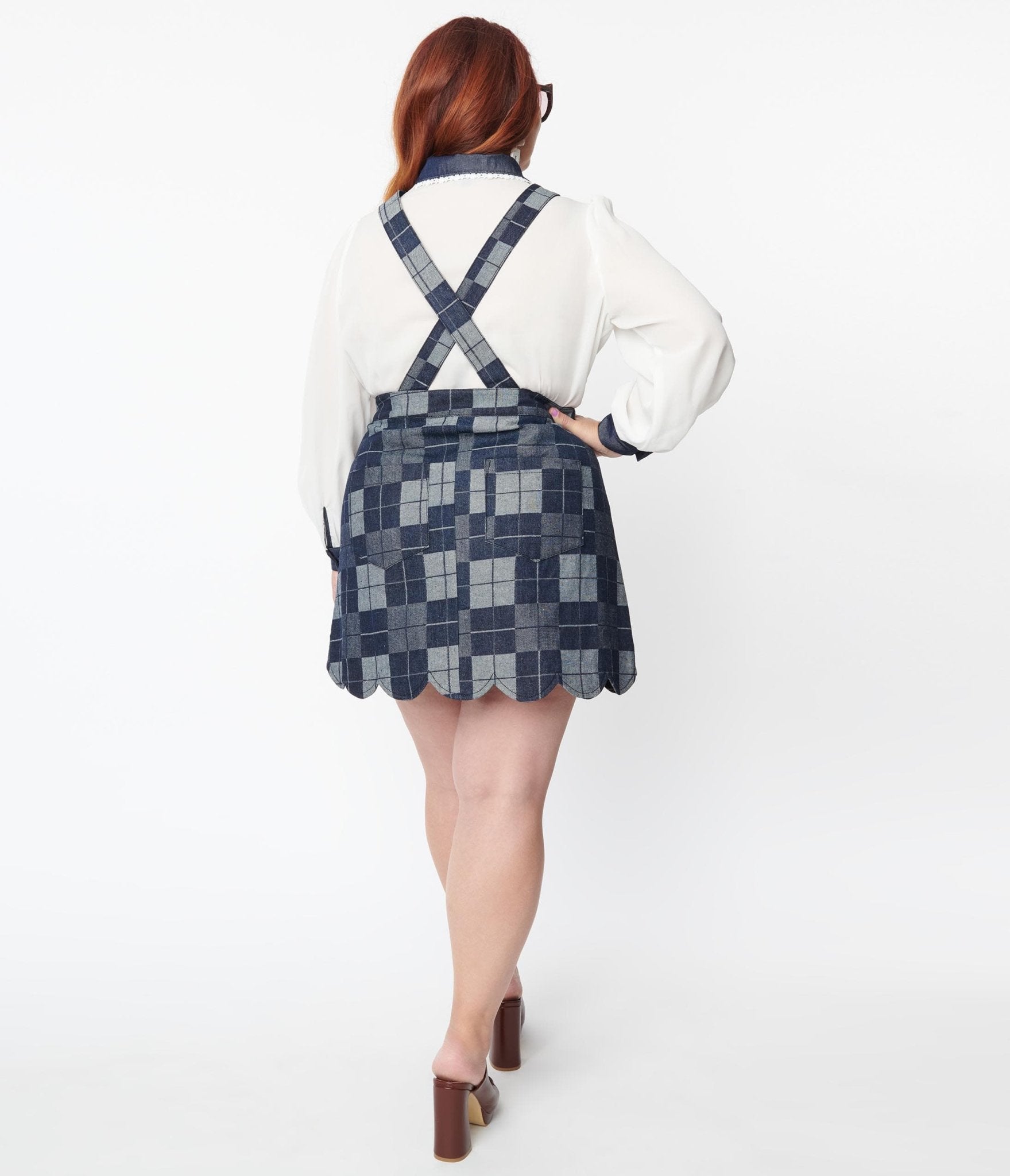 Smak Parlour Plus Size Dark Denim Check Suspender Skirt - Unique Vintage - Womens, BOTTOMS, SKIRTS