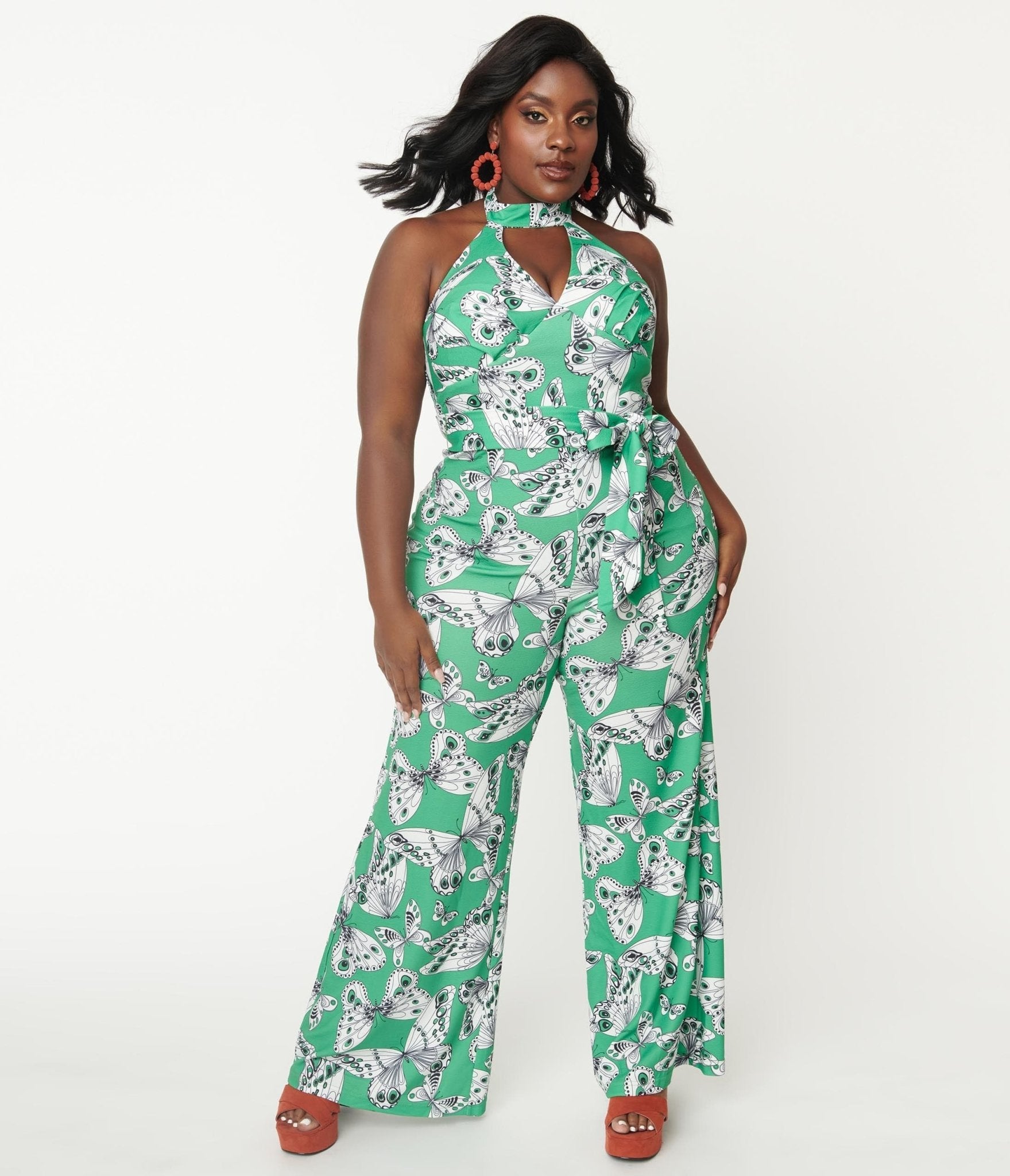 Smak Parlour Plus Size Green Butterfly Print Glamour Goddess Jumpsuit - Unique Vintage - Womens, BOTTOMS, ROMPERS AND JUMPSUITS
