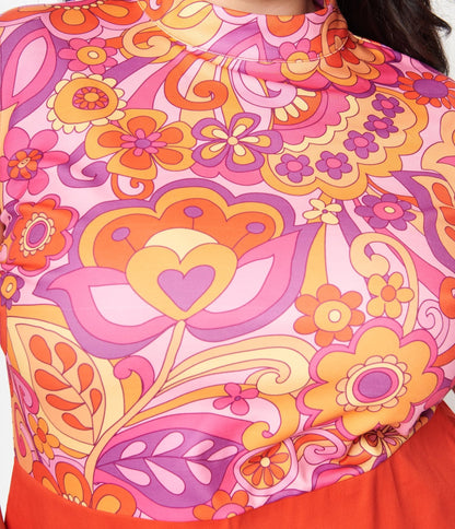 Smak Parlour Plus Size Orange & Pink Retro Floral Mini Dress - Unique Vintage - Womens, DRESSES, SHIFTS