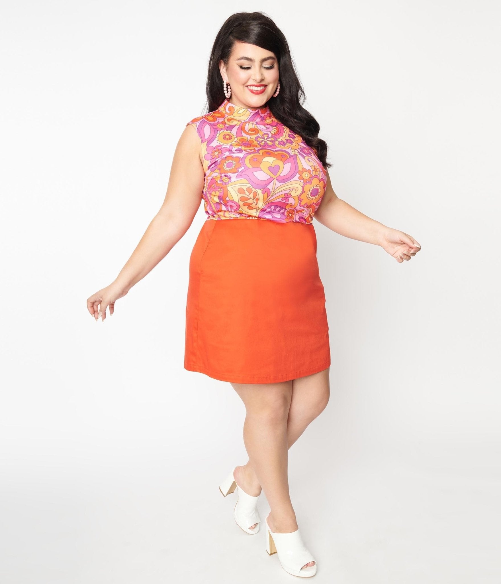 Smak Parlour Plus Size Orange & Pink Retro Floral Mini Dress - Unique Vintage - Womens, DRESSES, SHIFTS