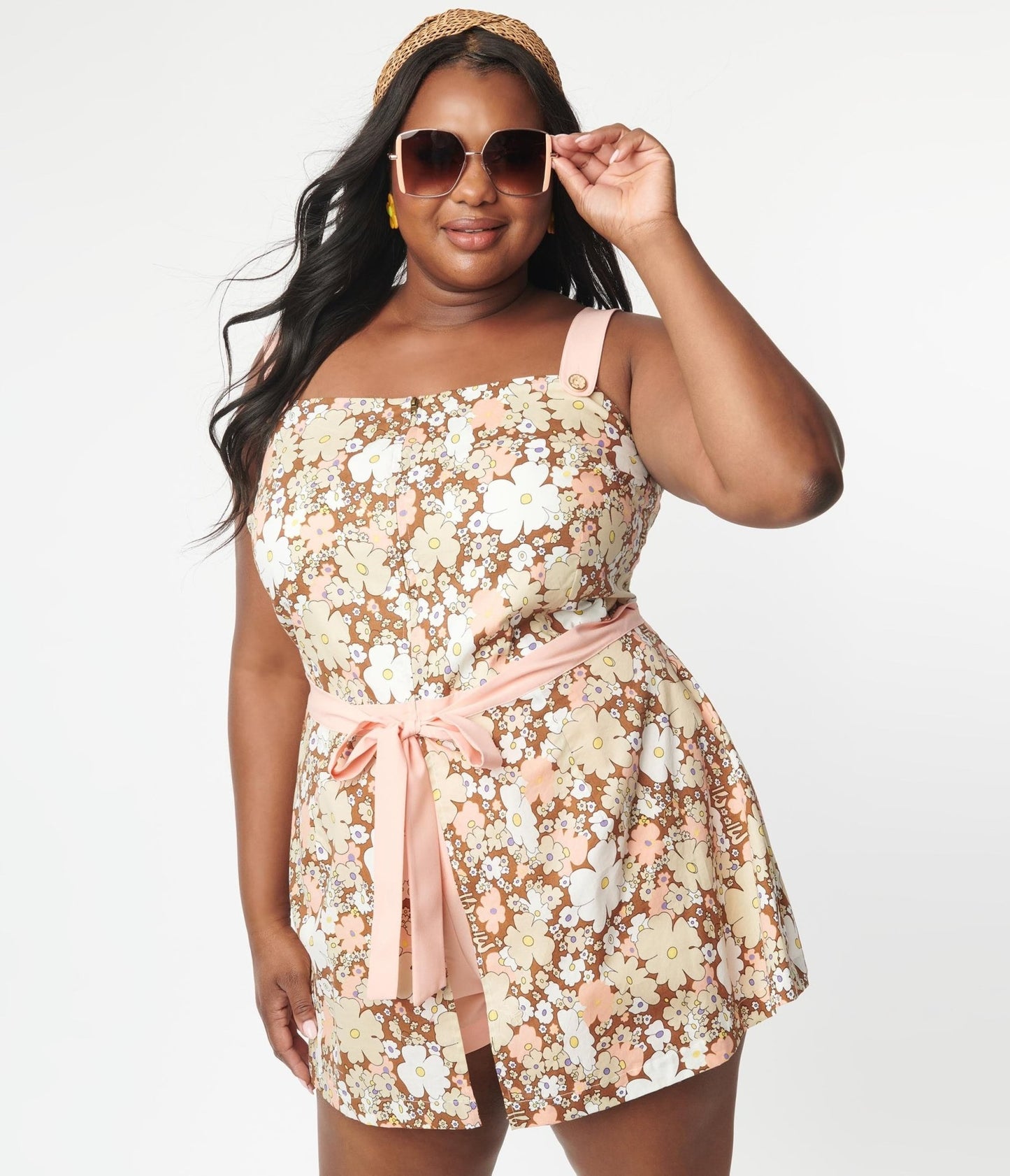 Smak Parlour Plus Size Pink & Brown Floral Sweet & Sassy Skirted Romper - Unique Vintage - Womens, BOTTOMS, ROMPERS AND JUMPSUITS