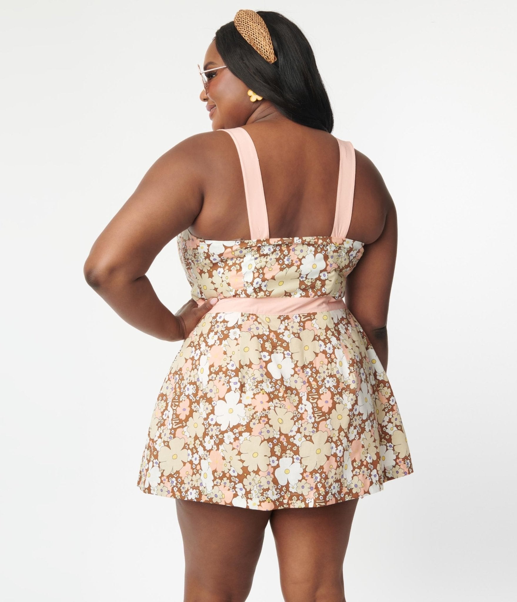 Smak Parlour Plus Size Pink & Brown Floral Sweet & Sassy Skirted Romper - Unique Vintage - Womens, BOTTOMS, ROMPERS AND JUMPSUITS