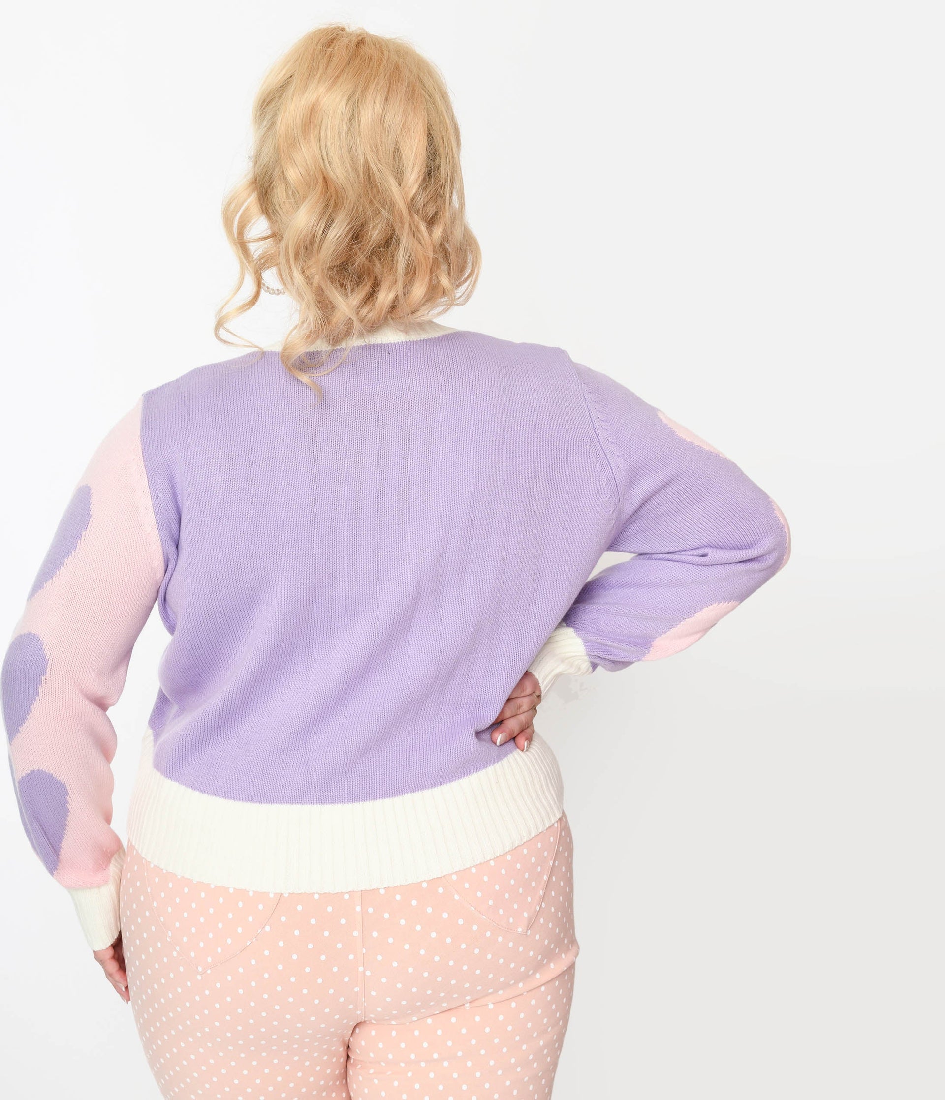 Smak Parlour Plus Size Pink & Lavender Hearts Cardigan - Unique Vintage - Womens, TOPS, SWEATERS