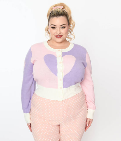Smak Parlour Plus Size Pink & Lavender Hearts Cardigan - Unique Vintage - Womens, TOPS, SWEATERS