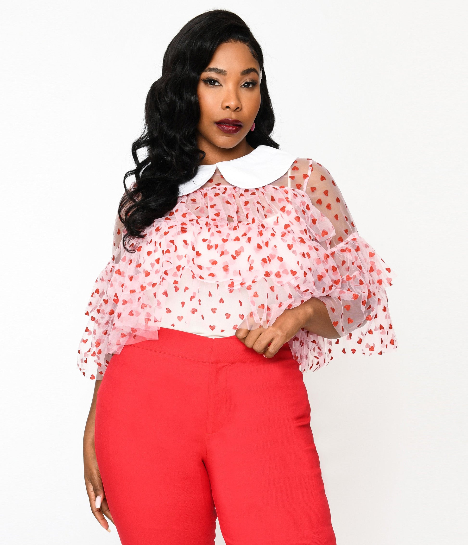 Smak Parlour Plus Size Pink & Red Glitter Hearts Mesh Ruffle Top - Unique Vintage - Womens, TOPS, WOVEN TOPS