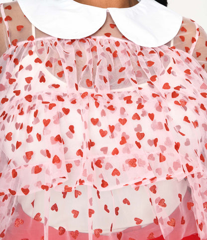 Smak Parlour Plus Size Pink & Red Glitter Hearts Mesh Ruffle Top - Unique Vintage - Womens, TOPS, WOVEN TOPS