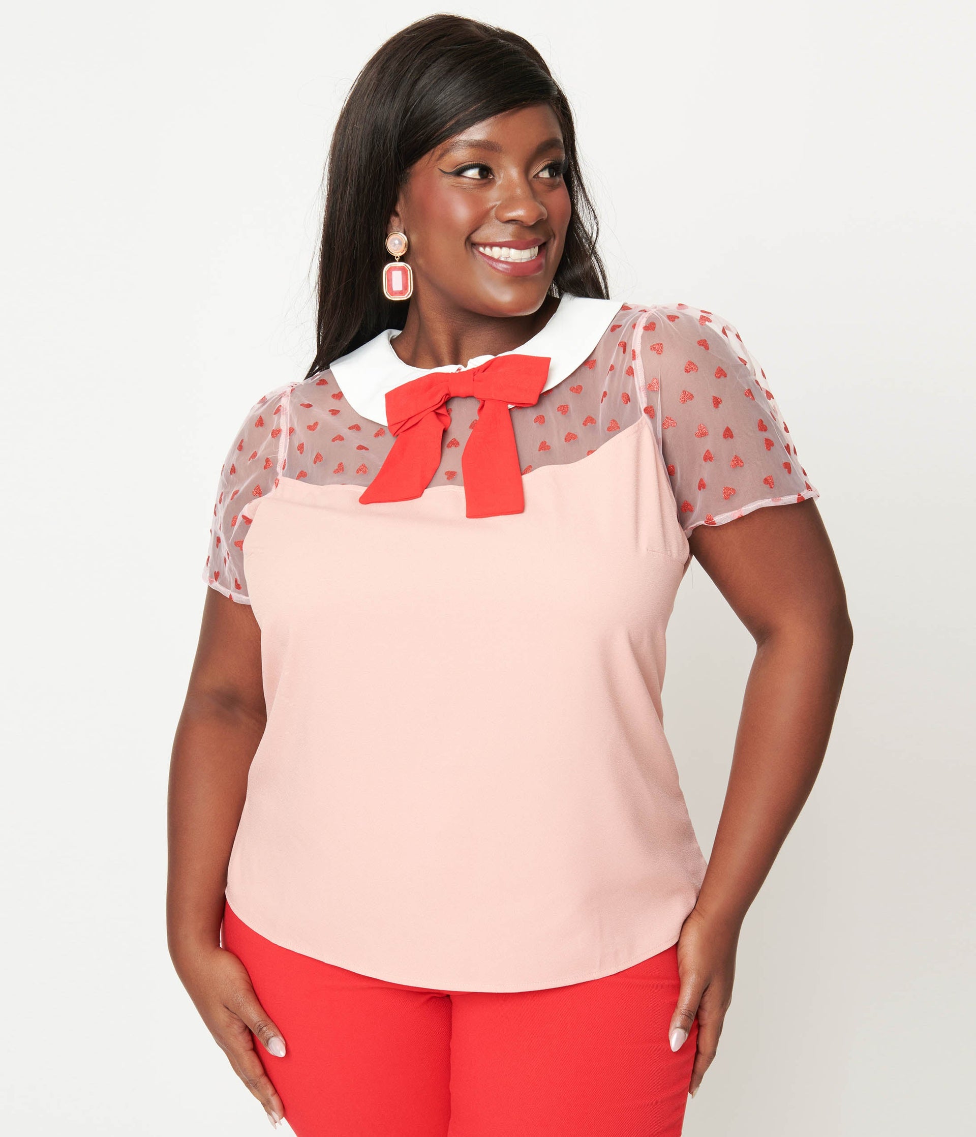 Smak Parlour Plus Size Pink & Red Hearts Collared Bow Blouse - Unique Vintage - Womens, TOPS, WOVEN TOPS