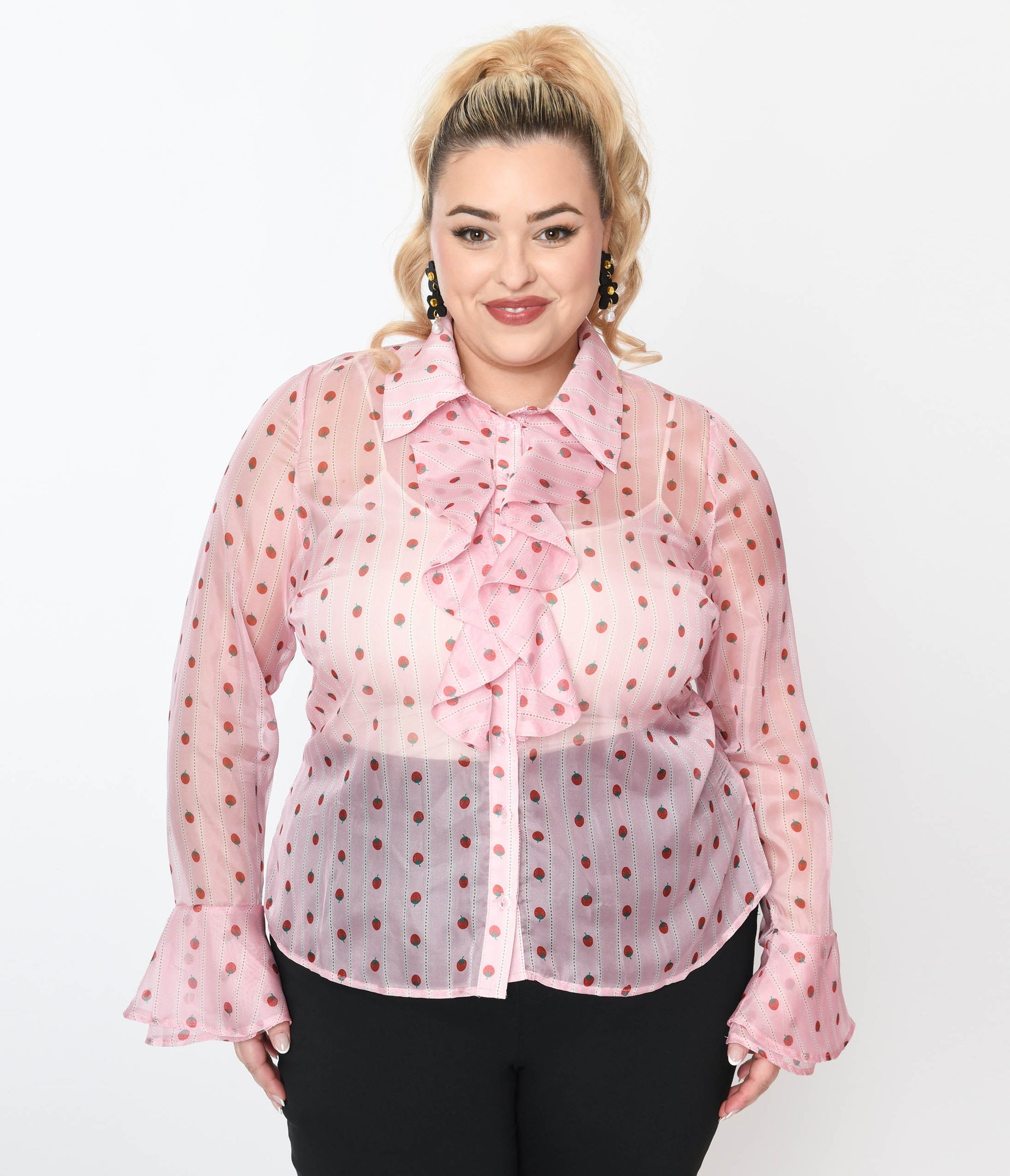 Smak Parlour Plus Size Pink & Strawberries Stripe Ruffle Blouse - Unique Vintage - Womens, TOPS, WOVEN TOPS
