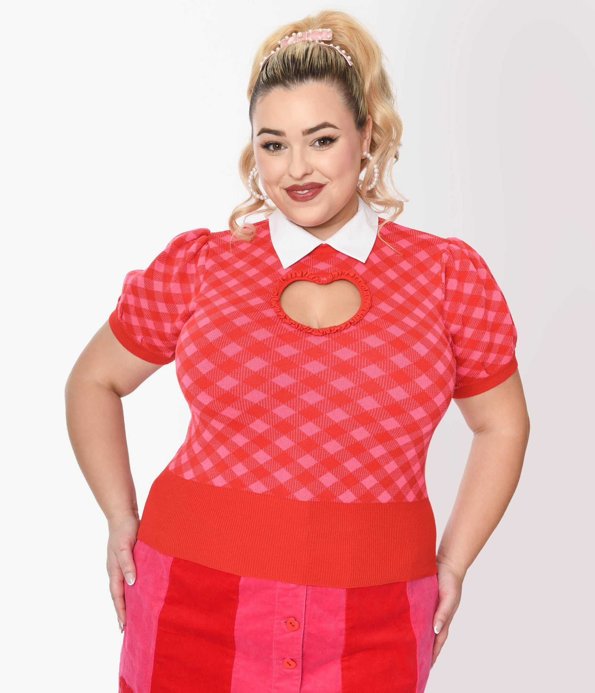 Smak Parlour Plus Size Red & Pink Bias Gingham Heart Sweater - Unique Vintage - Womens, TOPS, SWEATERS