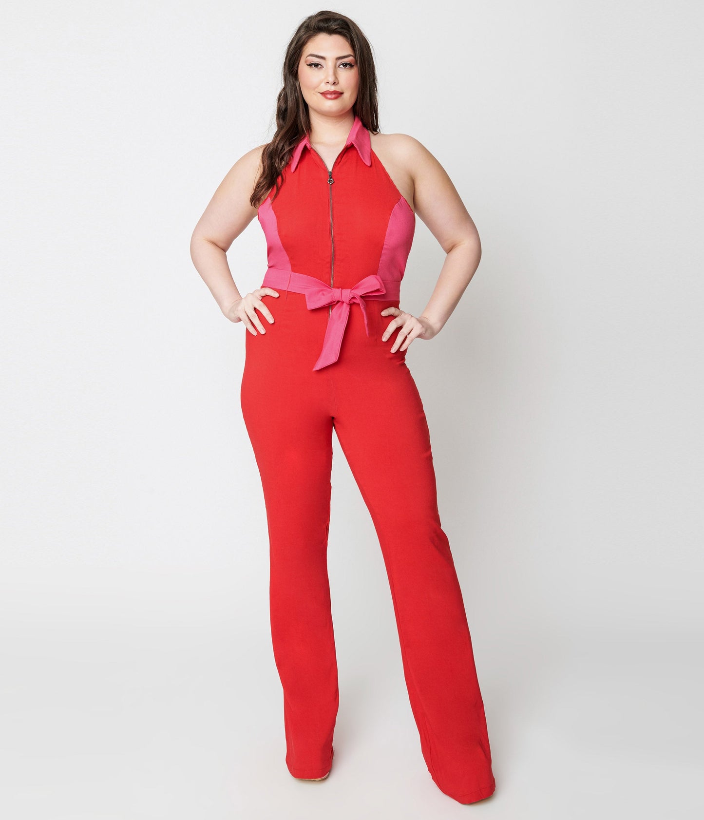 Smak Parlour Plus Size Red & Pink Heart Pocket Front Zip Halter Jumpsuit - Unique Vintage - Womens, BOTTOMS, ROMPERS AND JUMPSUITS