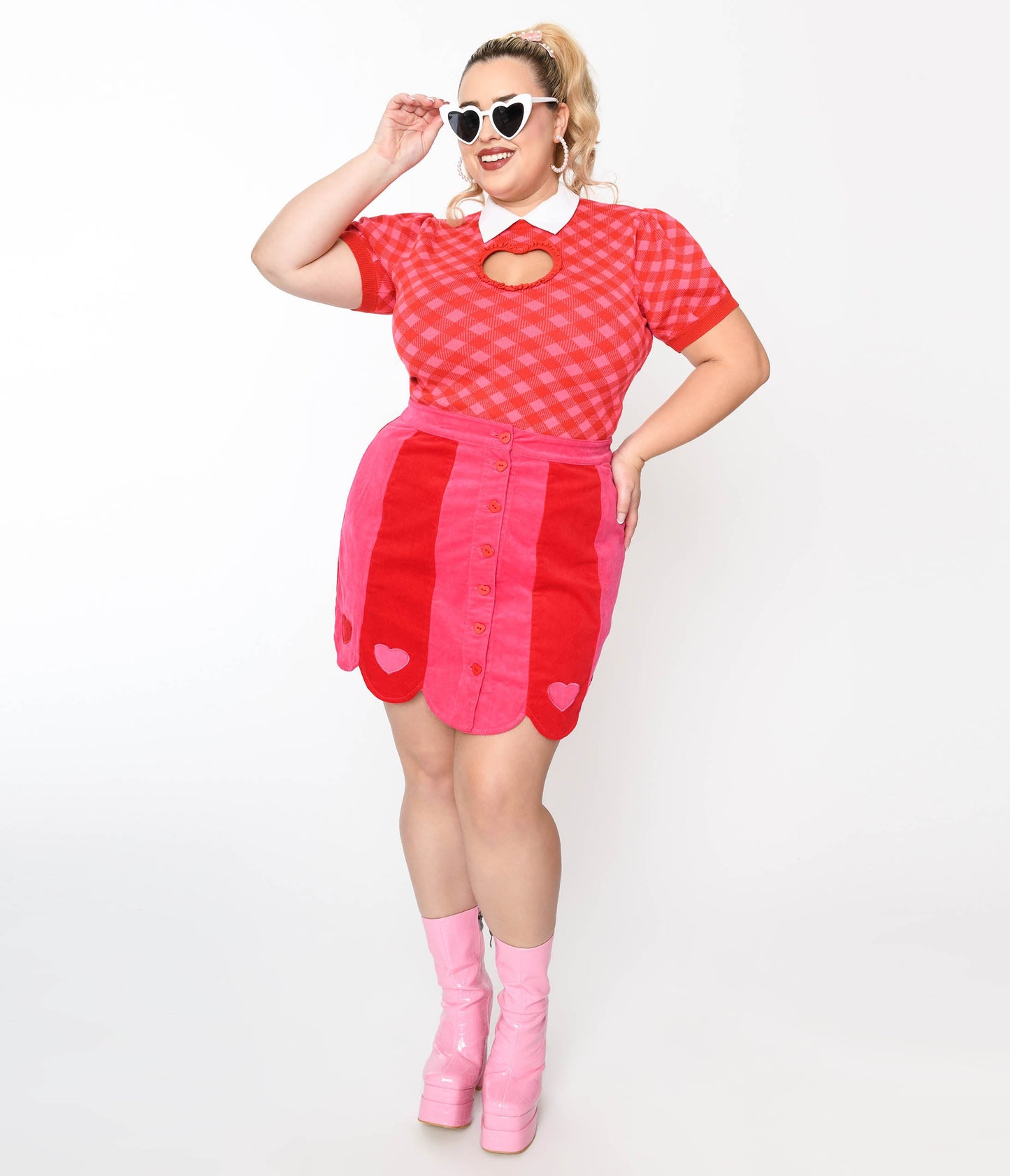 Smak Parlour Plus Size Red & Pink Love Corduroy Mini Skirt - Unique Vintage - Womens, BOTTOMS, SKIRTS