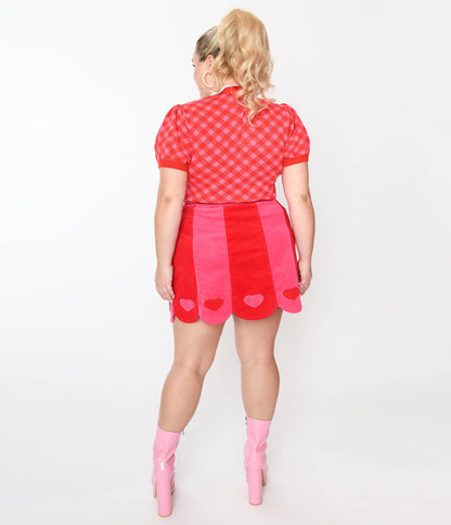 Smak Parlour Plus Size Red & Pink Love Corduroy Mini Skirt - Unique Vintage - Womens, BOTTOMS, SKIRTS