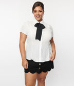 Smak Parlour Plus Size White & Bow Ties Power Play Blouse - Unique Vintage - Womens, TOPS, WOVEN TOPS