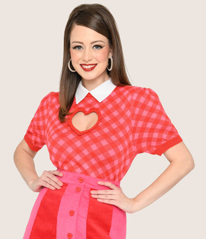 Smak Parlour Red & Pink Bias Gingham Heart Sweater - Unique Vintage - Womens, TOPS, SWEATERS