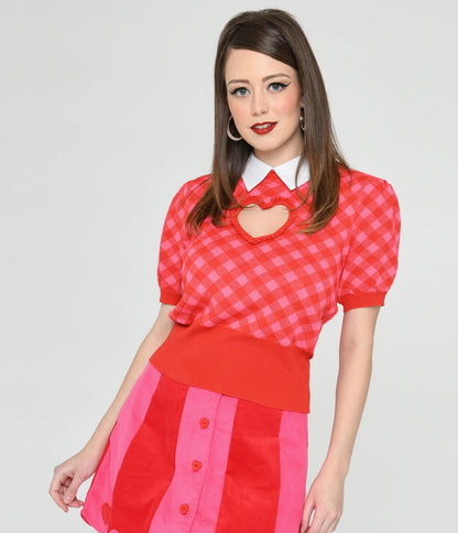 Smak Parlour Red & Pink Bias Gingham Heart Sweater - Unique Vintage - Womens, TOPS, SWEATERS
