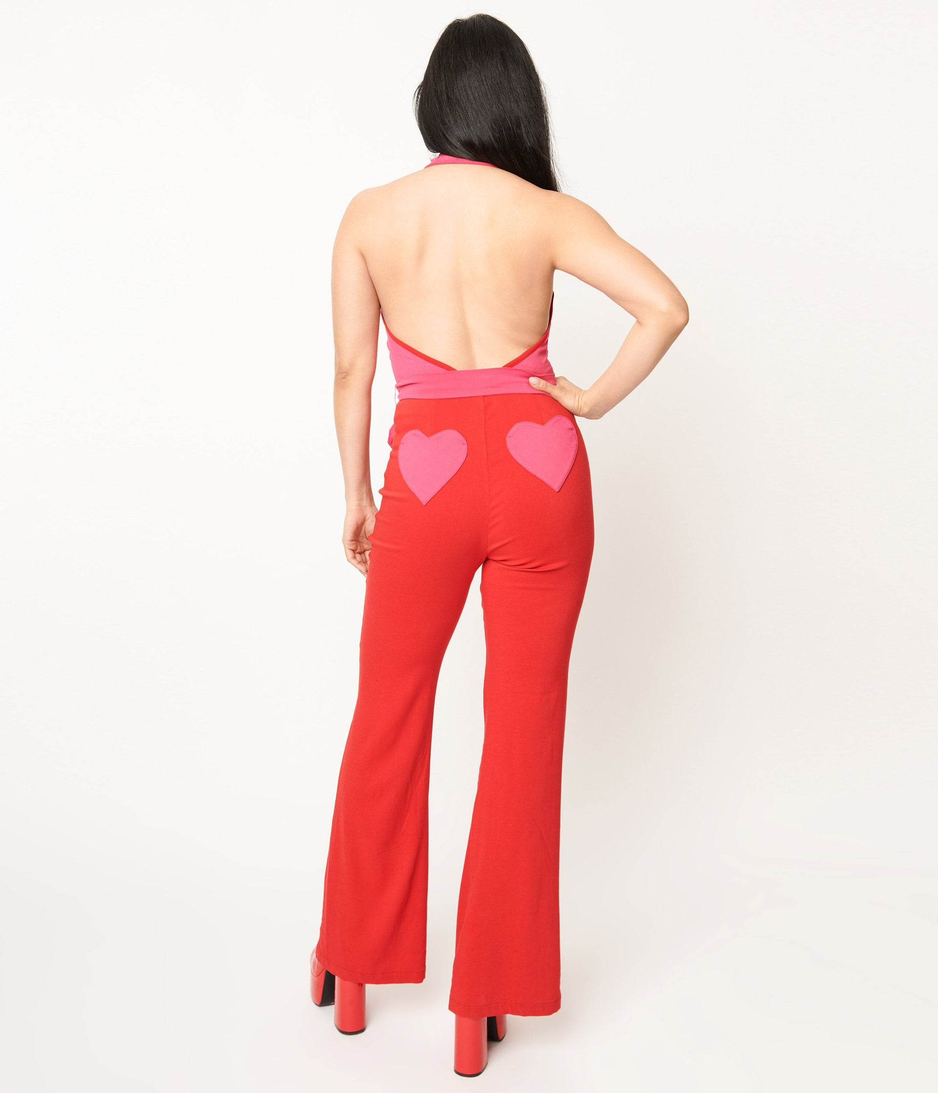 Smak Parlour Red & Pink Heart Pocket Front Zip Halter Jumpsuit - Unique Vintage - Womens, BOTTOMS, ROMPERS AND JUMPSUITS