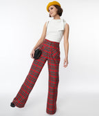 Smak Parlour Red Plaid Wide Leg Trousers - Unique Vintage - Womens, BOTTOMS, PANTS