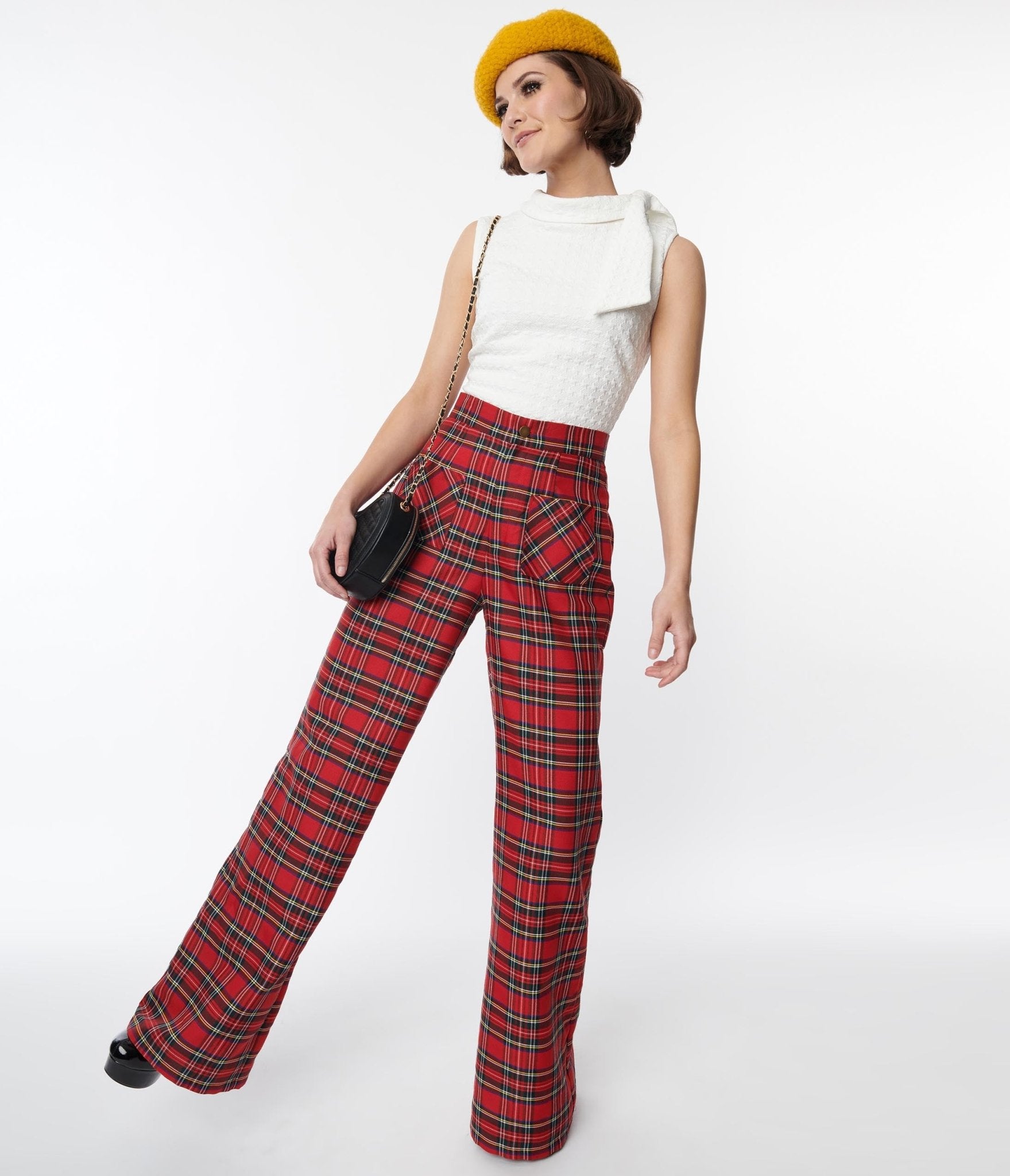 Smak Parlour Red Plaid Wide Leg Trousers - Unique Vintage - Womens, BOTTOMS, PANTS