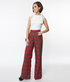 Smak Parlour Red Plaid Wide Leg Trousers - Unique Vintage - Womens, BOTTOMS, PANTS