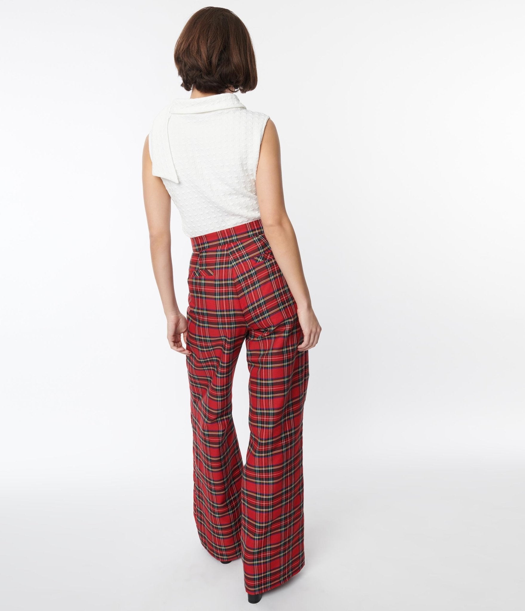 Smak Parlour Red Plaid Wide Leg Trousers - Unique Vintage - Womens, BOTTOMS, PANTS
