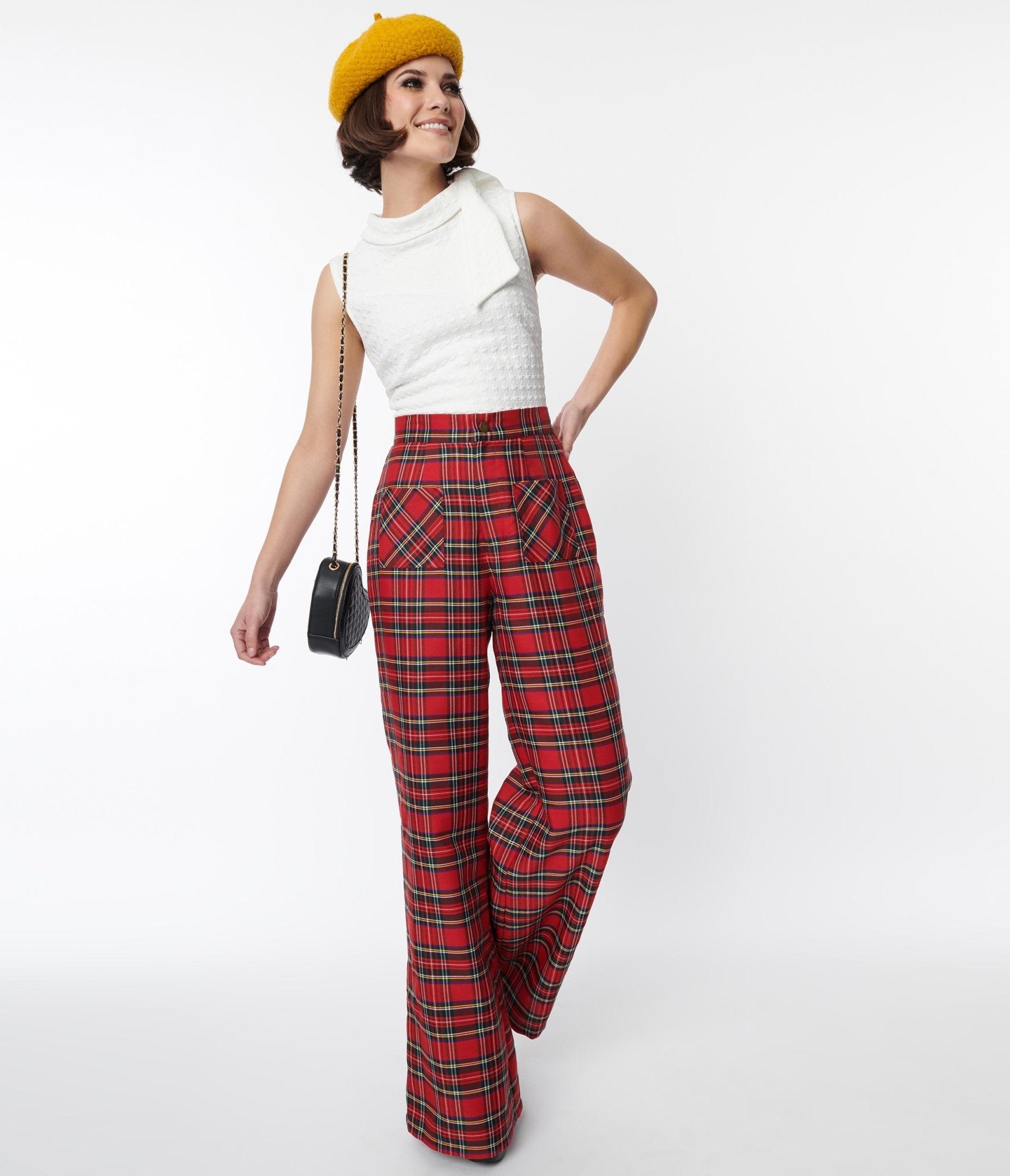 Smak Parlour Red Plaid Wide Leg Trousers - Unique Vintage - Womens, BOTTOMS, PANTS