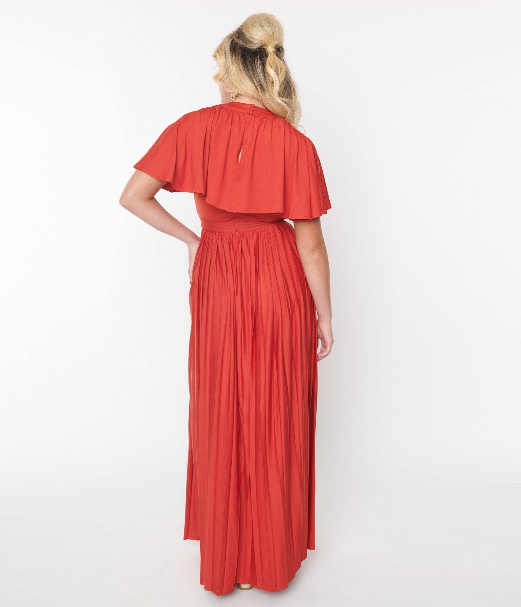 Smak Parlour Rust Red Pleated Cape Maxi Dress - Unique Vintage - Womens, DRESSES, MAXI