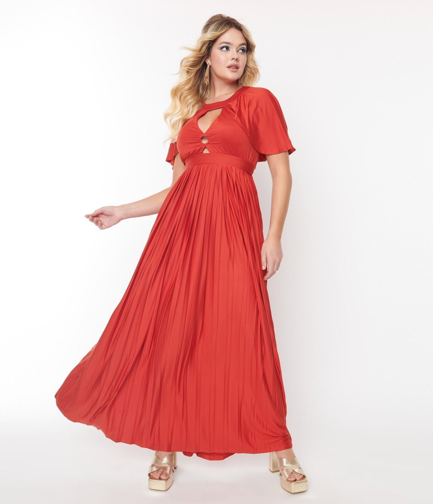 Smak Parlour Rust Red Pleated Cape Maxi Dress - Unique Vintage - Womens, DRESSES, MAXI