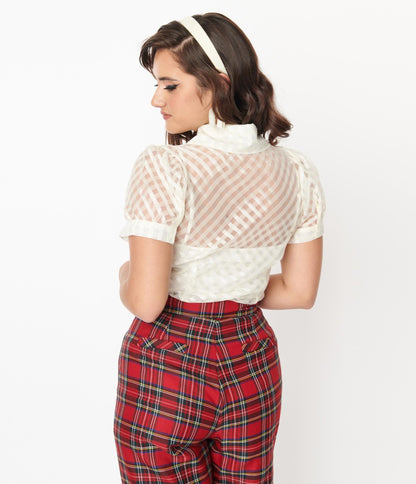 Smak Parlour Sheer Metallic Ivory Gingham Puff Sleeve Blouse - Unique Vintage - Womens, TOPS, WOVEN TOPS
