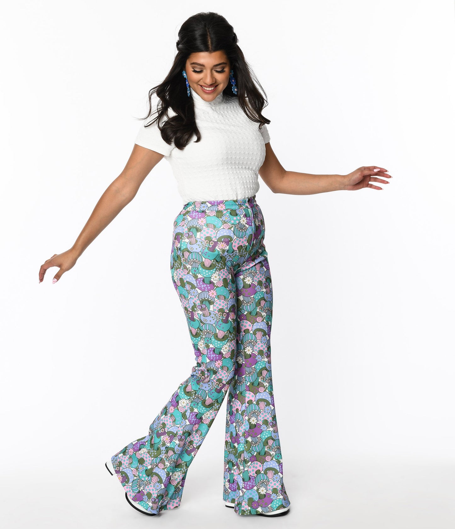 Smak Parlour Teal Groovy Mushrooms Find Your Flare Pants - Unique Vintage - Womens, BOTTOMS, PANTS