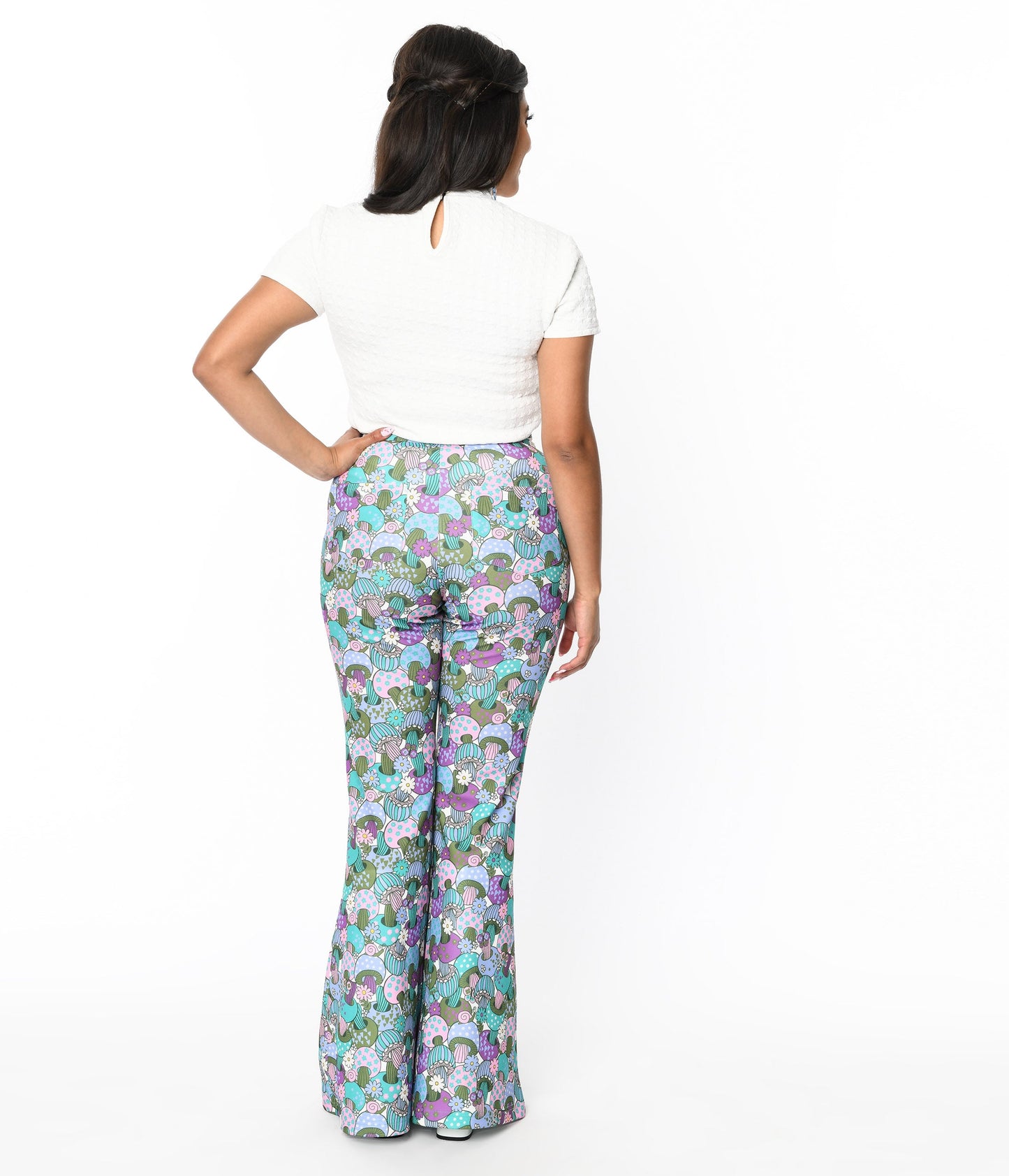 Smak Parlour Teal Groovy Mushrooms Find Your Flare Pants - Unique Vintage - Womens, BOTTOMS, PANTS