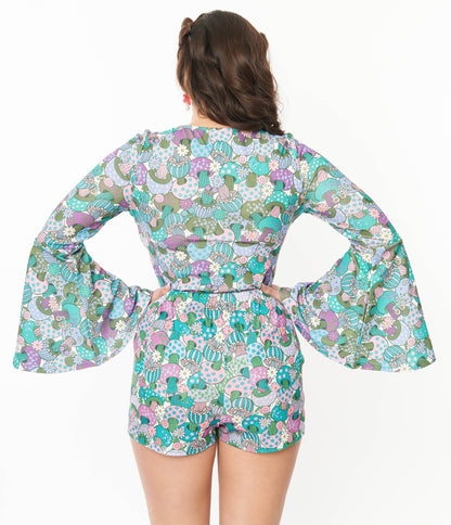 Smak Parlour Teal Groovy Mushrooms Trumpet Sleeve Top - Unique Vintage - Womens, TOPS, KNIT TOPS