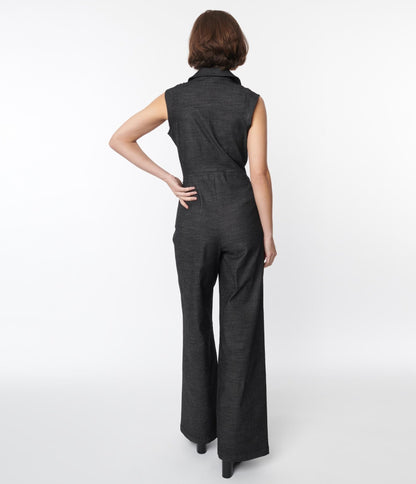 Smak Parlour Washed Black Denim Collared Jumpsuit - Unique Vintage - Womens, BOTTOMS, ROMPERS AND JUMPSUITS