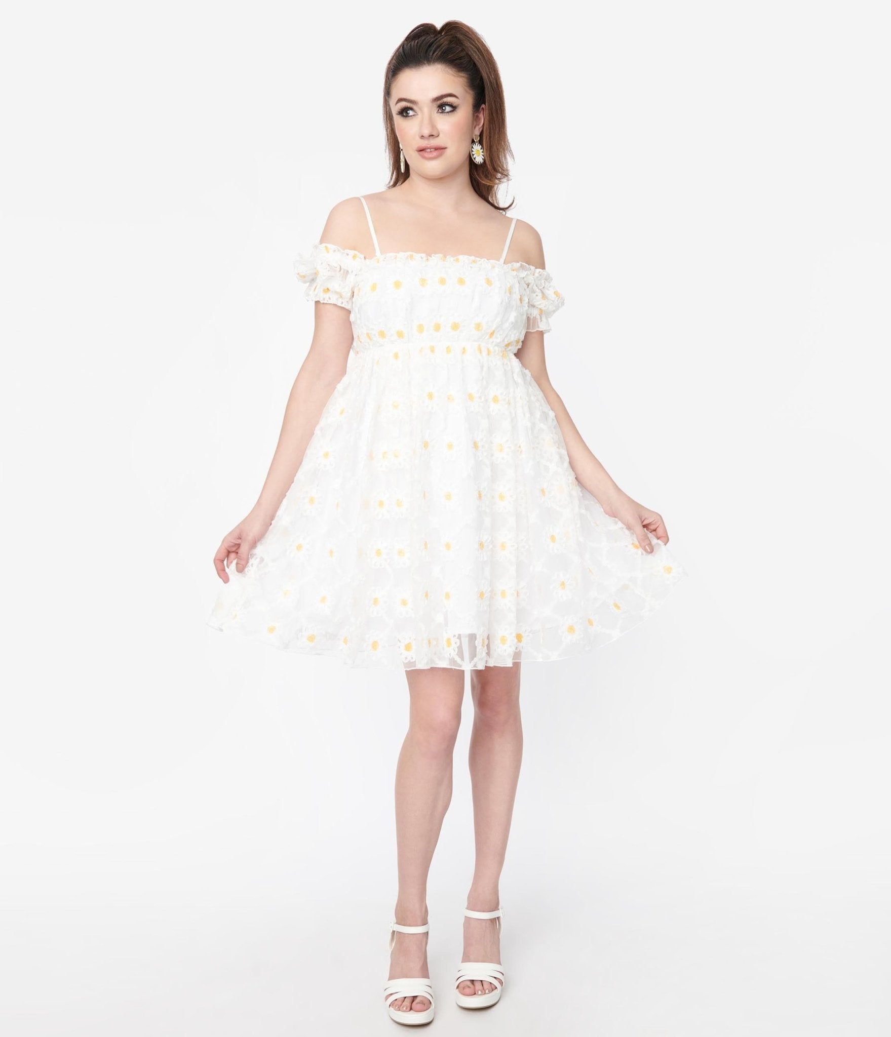 Smak Parlour White Daisy Off the Shoulder Babydoll Dress - Unique Vintage - Womens, DRESSES, BABYDOLL