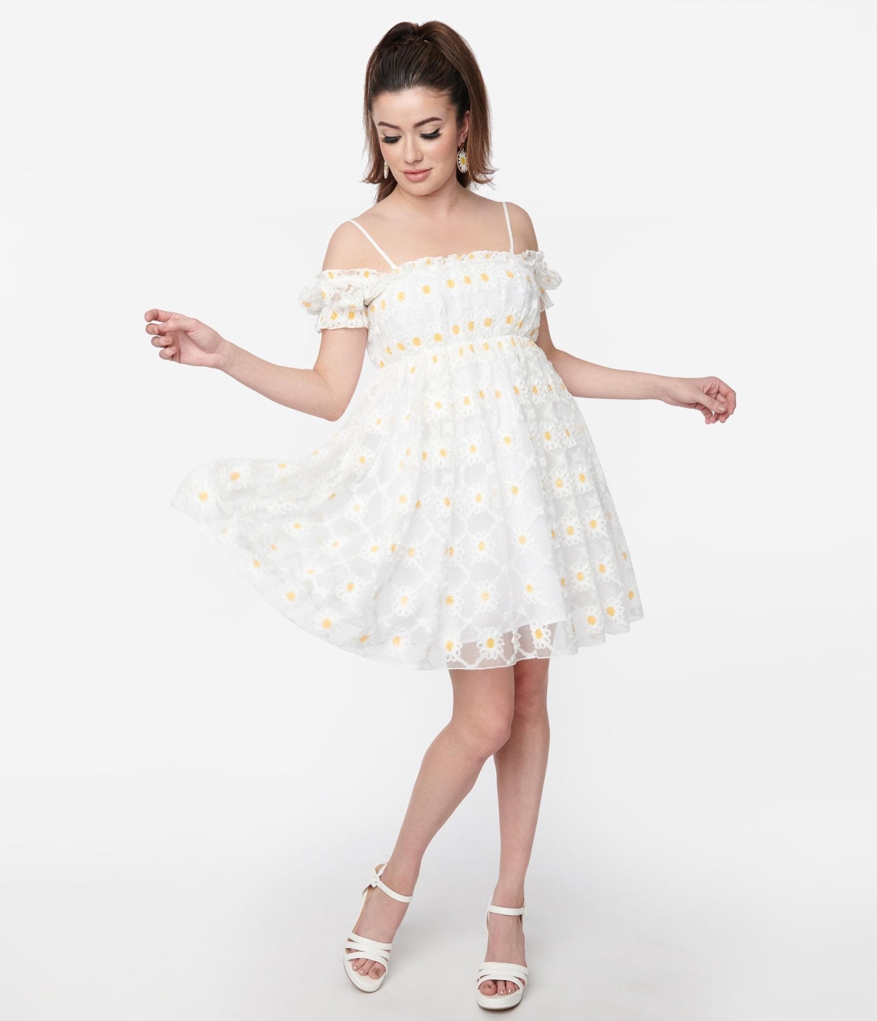 Smak Parlour White Daisy Off the Shoulder Babydoll Dress - Unique Vintage - Womens, DRESSES, BABYDOLL