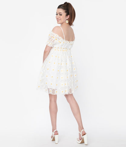 Smak Parlour White Daisy Off the Shoulder Babydoll Dress - Unique Vintage - Womens, DRESSES, BABYDOLL