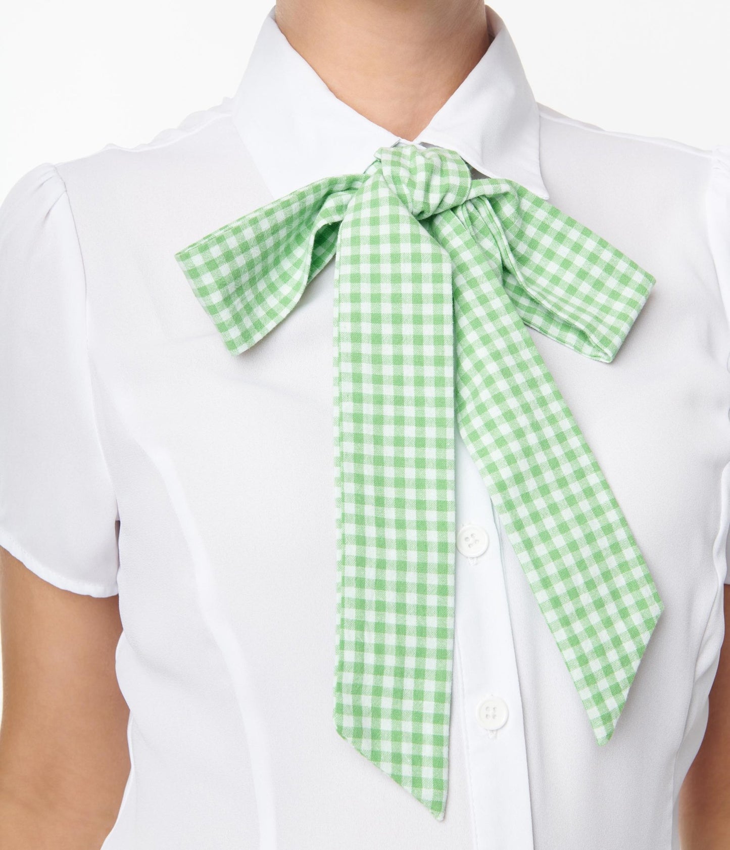 Smak Parlour White & Green Gingham Chiffon Power Play Blouse - Unique Vintage - Womens, TOPS, WOVEN TOPS