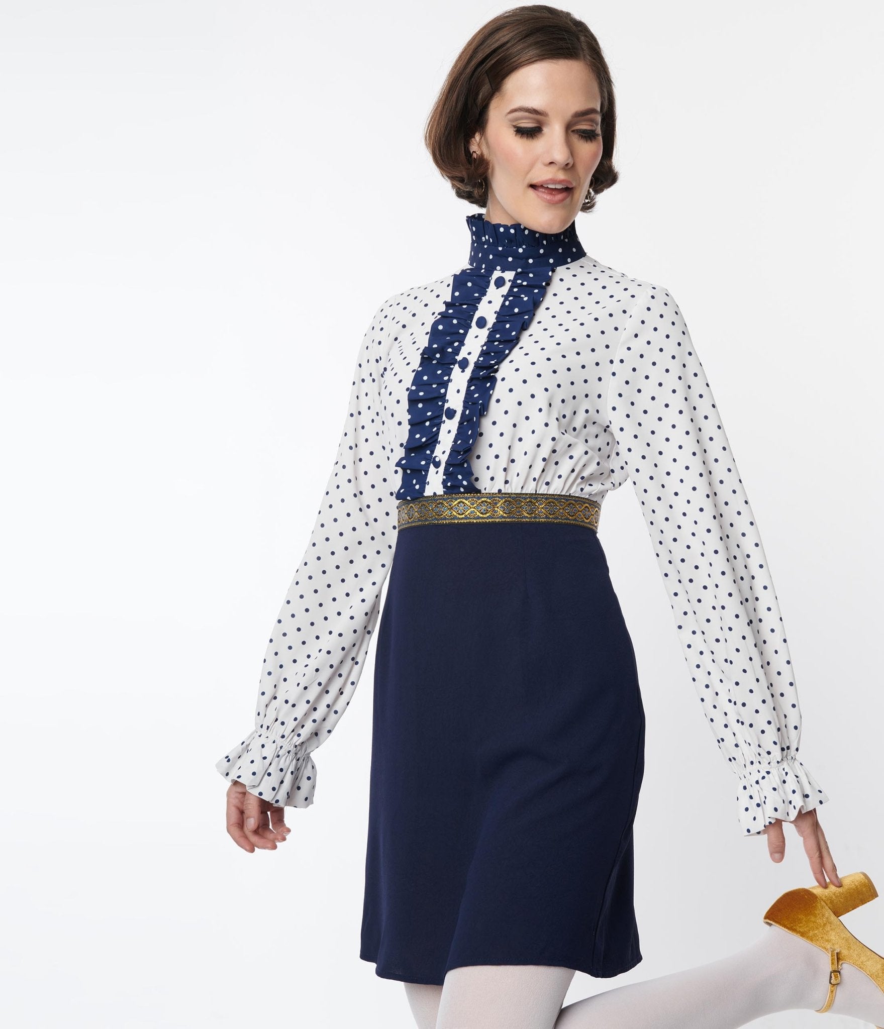 Smak Parlour White & Navy Ruffle Neck Empire A-Line Dress - Unique Vintage - Womens, DRESSES, A-LINE