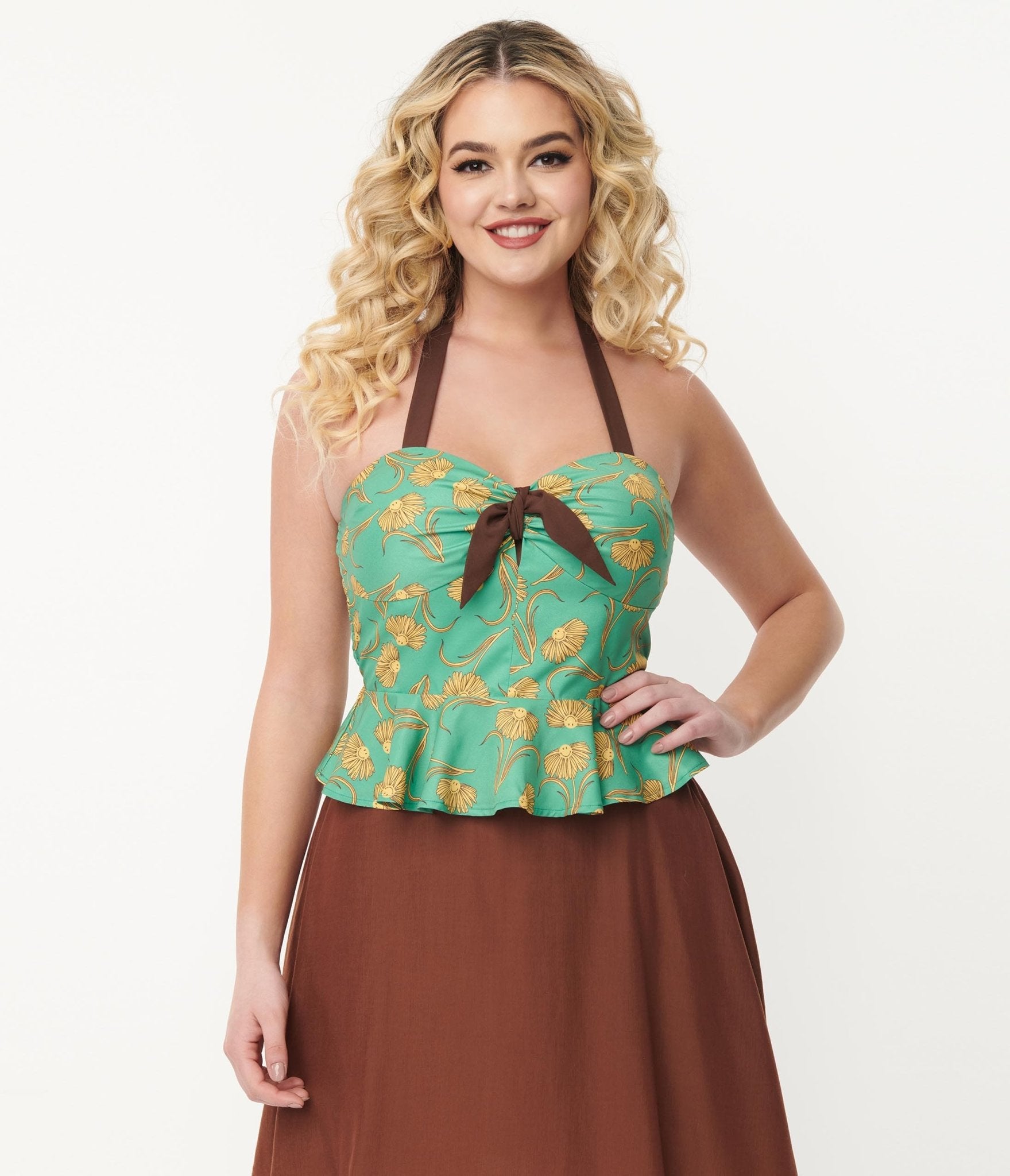 Smiley x Unique Vintage Green Smiley Daisy Peplum Halter Top - Unique Vintage - Womens, TOPS, WOVEN TOPS