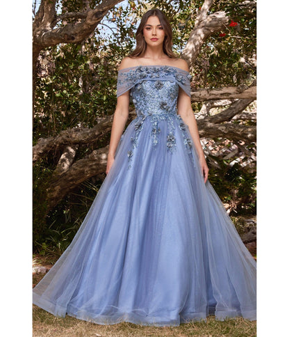 Smokey Blue Off The Shoulder Magical Glitter Prom Ball Gown - Unique Vintage - Womens, DRESSES, PROM AND SPECIAL OCCASION