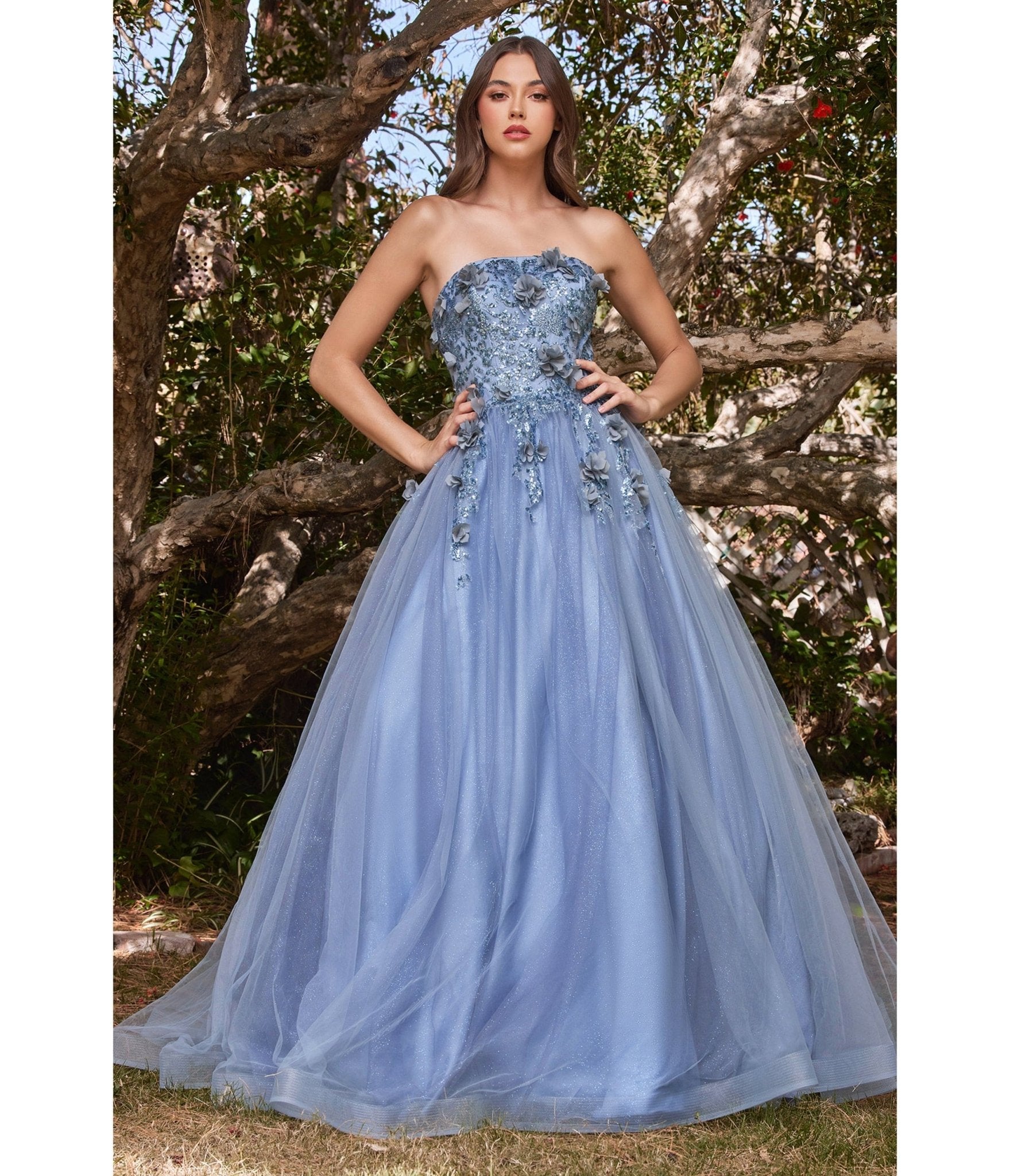 Petals Embellished Sky Blue Strapless Prom Dress - Promfy