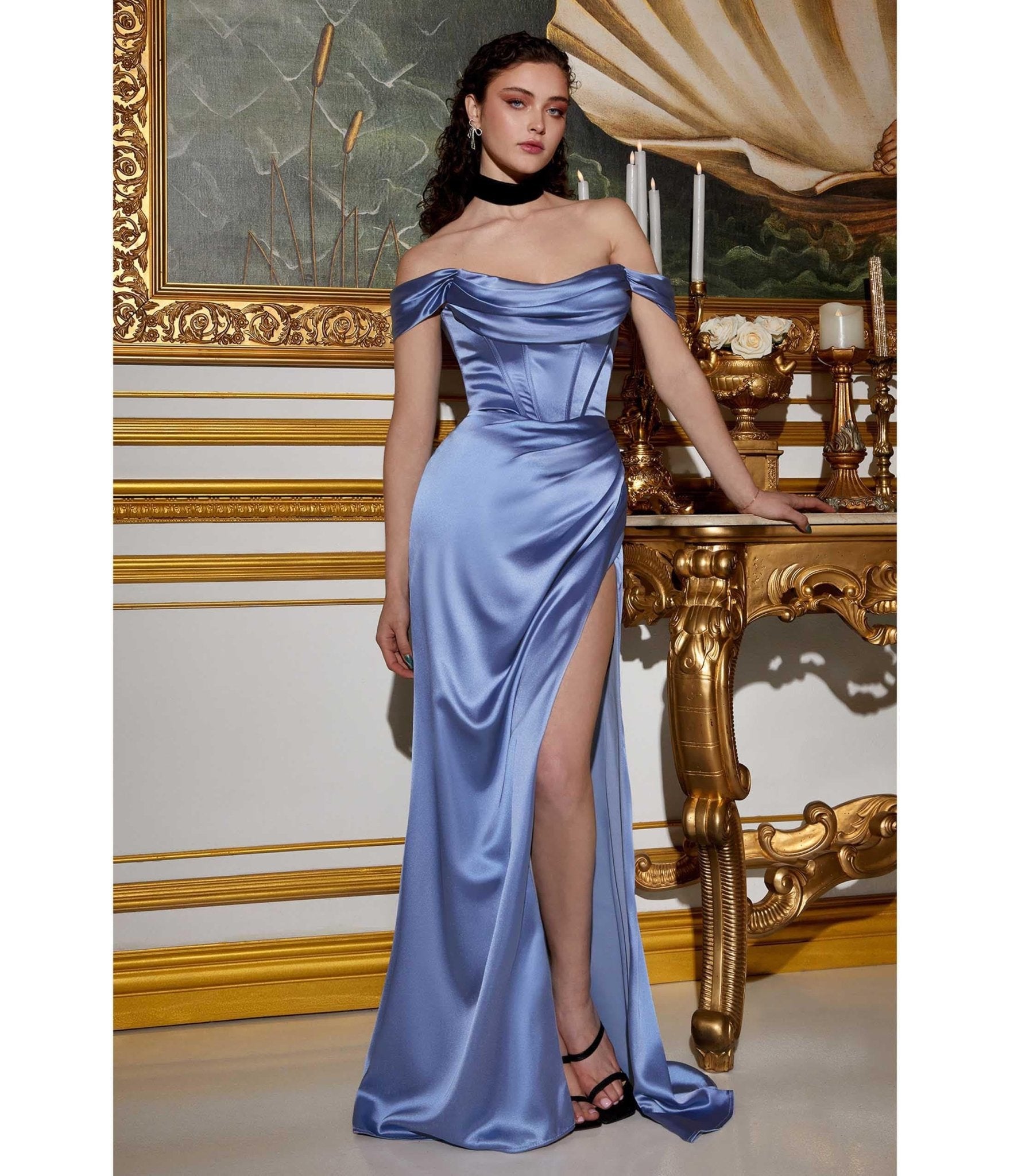 Spaghetti A-Line Royal Blue Satin Simple Evening Dress Sleeveless With  Split Front - June Bridals