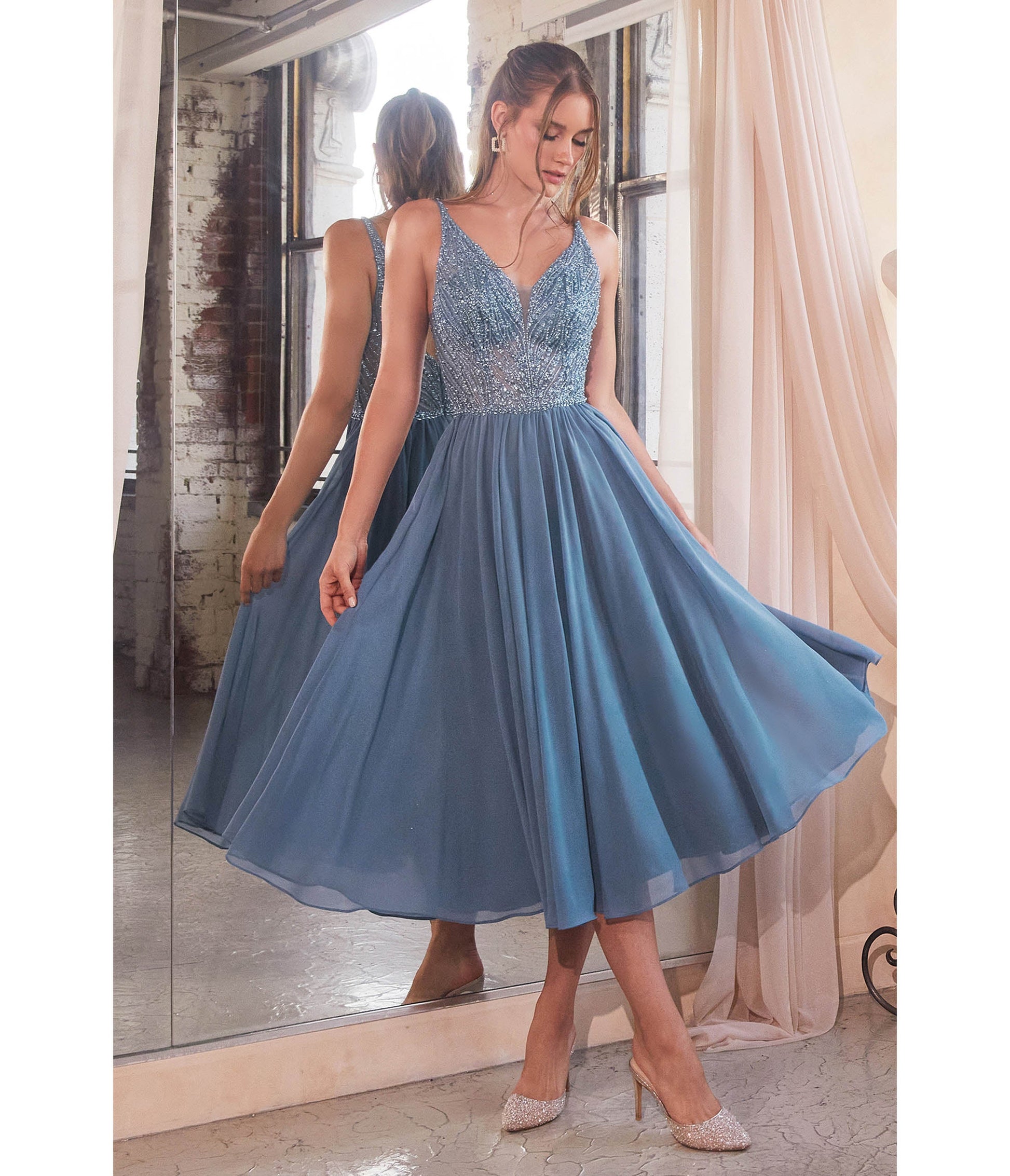 Smoky Blue Beaded Chiffon Tea Length Dress - Unique Vintage - Womens, DRESSES, PROM AND SPECIAL OCCASION