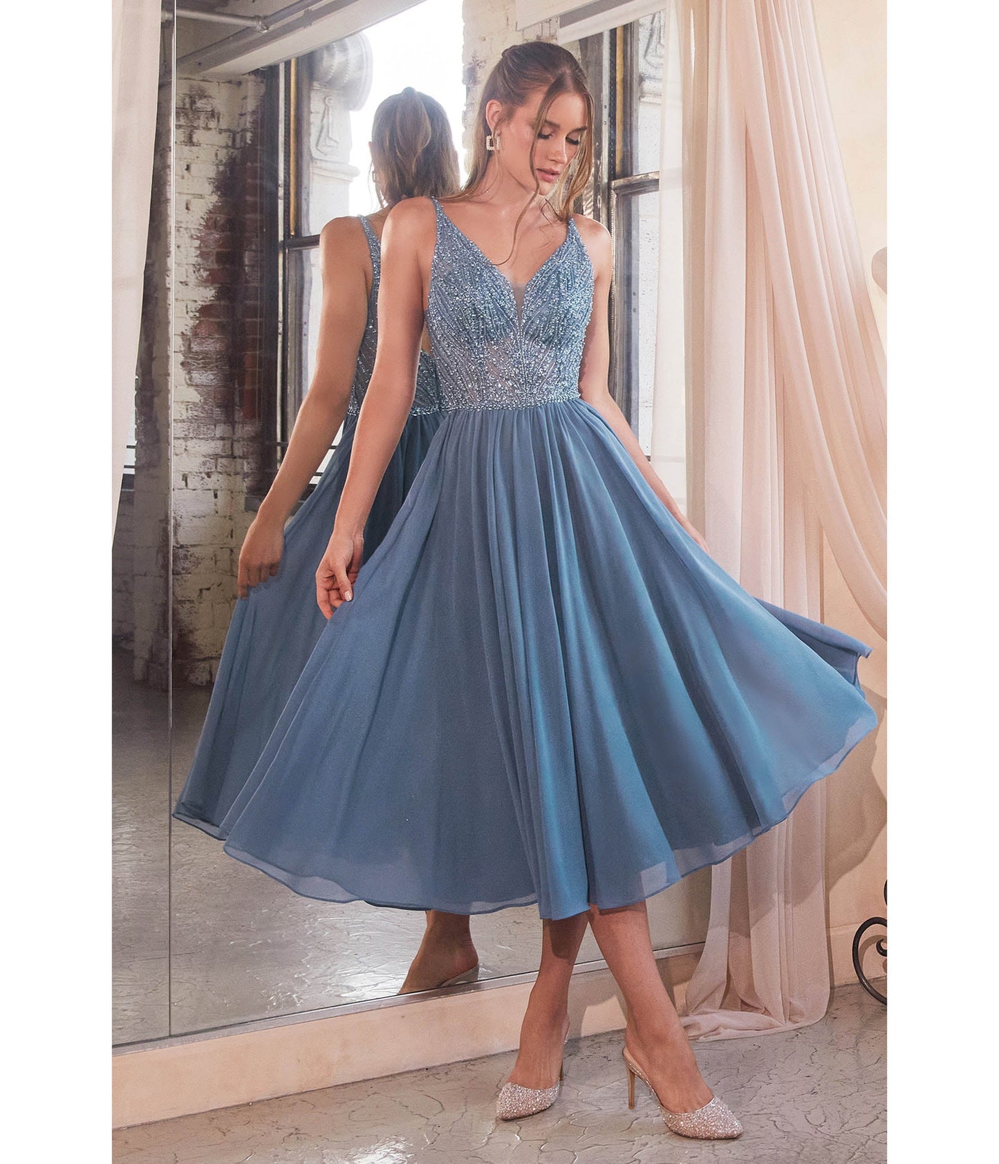 Cinderella Divine Smoky Blue Beaded Chiffon Tea Length Dress – Unique ...